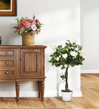 Artificial white rose floral plant with white blooms, green leaves, and brown trunk in pot