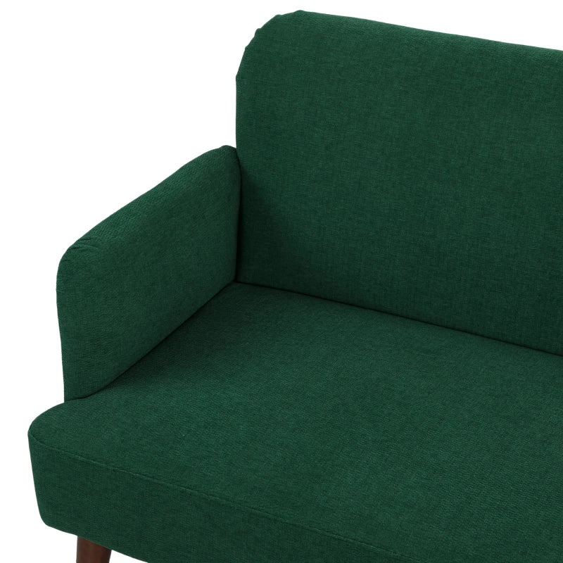 Dark green upholstered loveseat sofa with rounded armrests and thick seat cushion