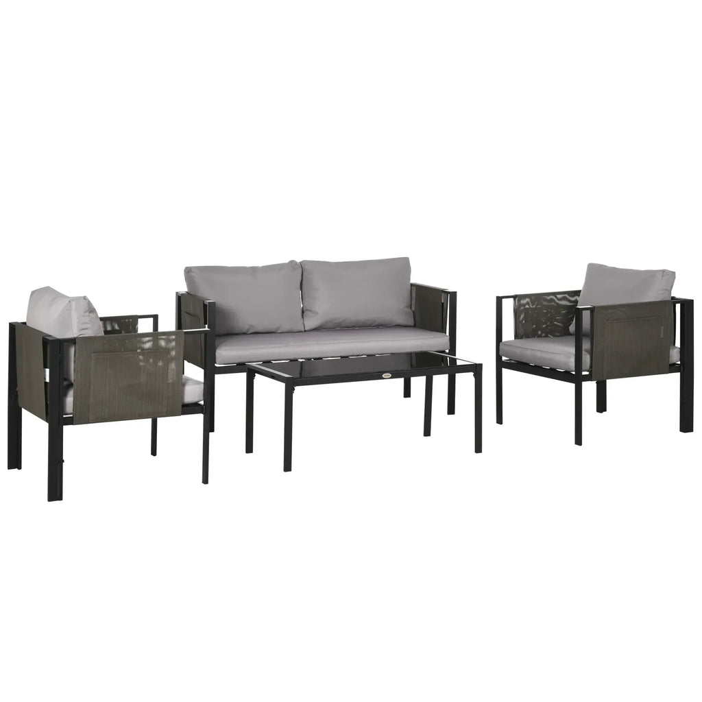 4 Piece Metal Garden Furniture Set with Tempered Glass Coffee Table, Texteline Pocket, Outdoor Set Loveseat Single Armchairs with Padded Cushions, Light Grey - Bobobiy