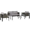 4 Piece Metal Garden Furniture Set with Tempered Glass Coffee Table, Texteline Pocket, Outdoor Set Loveseat Single Armchairs with Padded Cushions, Light Grey - Bobobiy