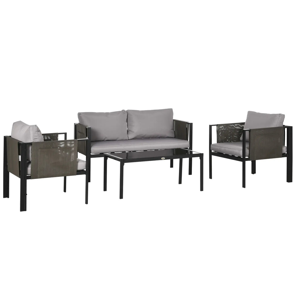 Outsunny 4 Piece Metal Garden Furniture Set with Tempered Glass Coffee Table, Texteline Pocket, Outdoor Set Loveseat