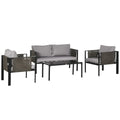 Outsunny 4 Piece Metal Garden Furniture Set with Tempered Glass Coffee Table, Texteline Pocket, Outdoor Set Loveseat