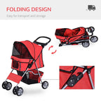 Red folding dog stroller with black rain cover, shown folded open