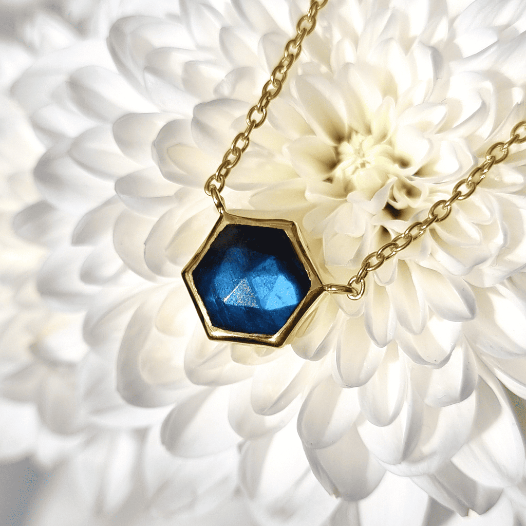 18k gold vermeil labradorite hex pendant necklace with faceted blue gemstone