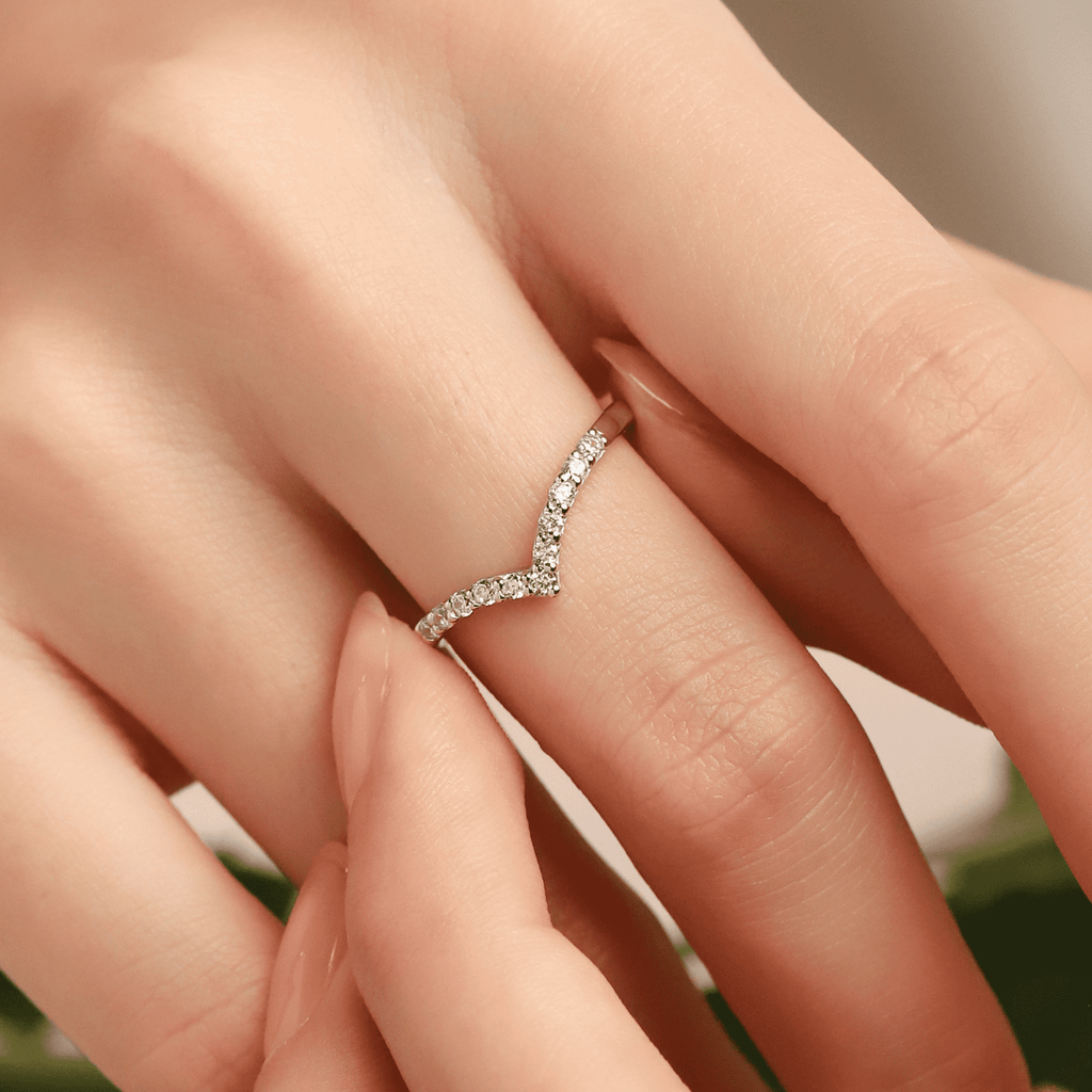 Wishbone curved eternity ring in sterling silver with pavé stones
