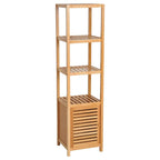 Bamboo freestanding bathroom cabinet with 3 open shelves and slatted door panel