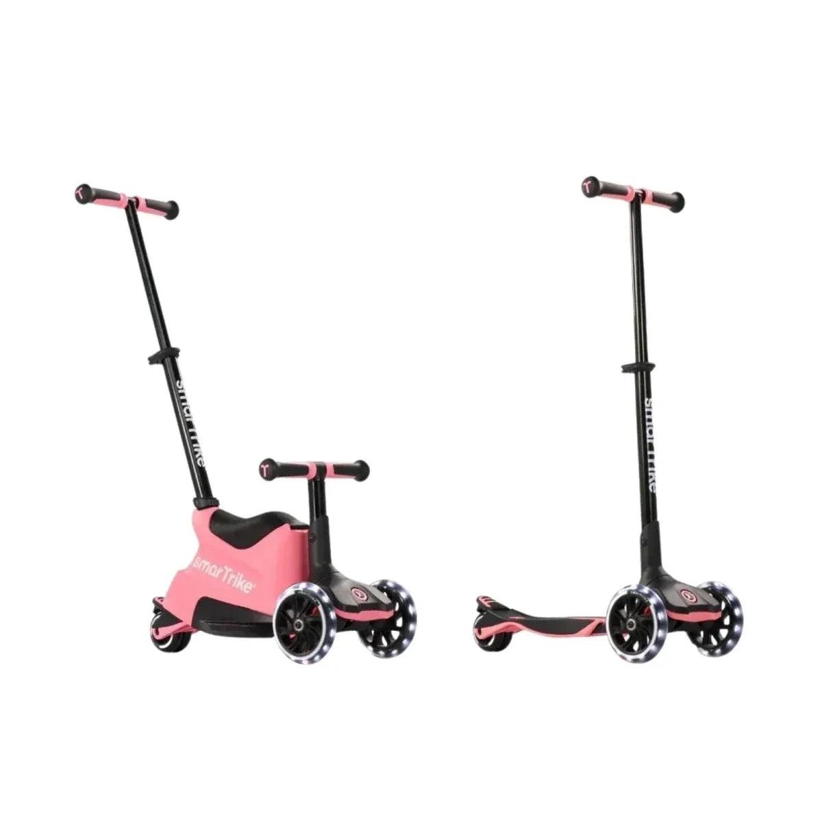 Salmon pink smarTrike ride-on scooter shown from front and side angles
