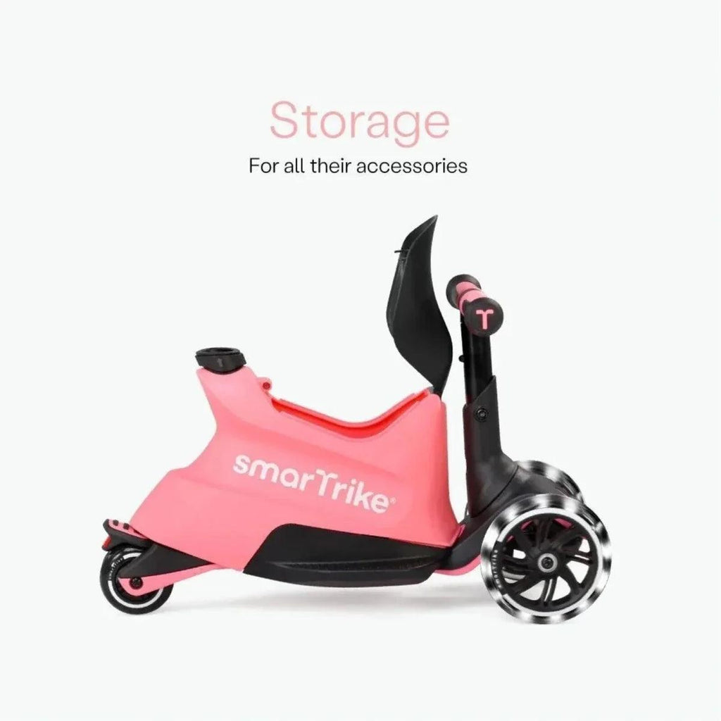 Salmon pink smarTrike ride-on scooter with rear canopy and large front wheel