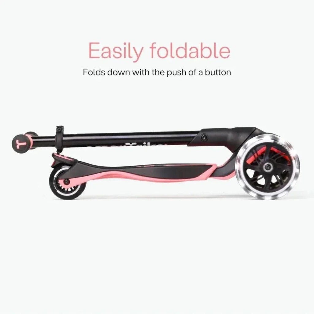 Salmon pink smarTrike foldable scooter with black deck and three-wheel design