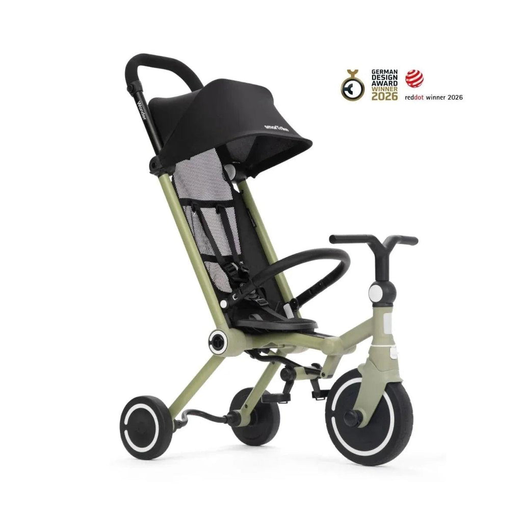 Olive and black stroller trike with front wheel, safety bar, and adjustable canopy