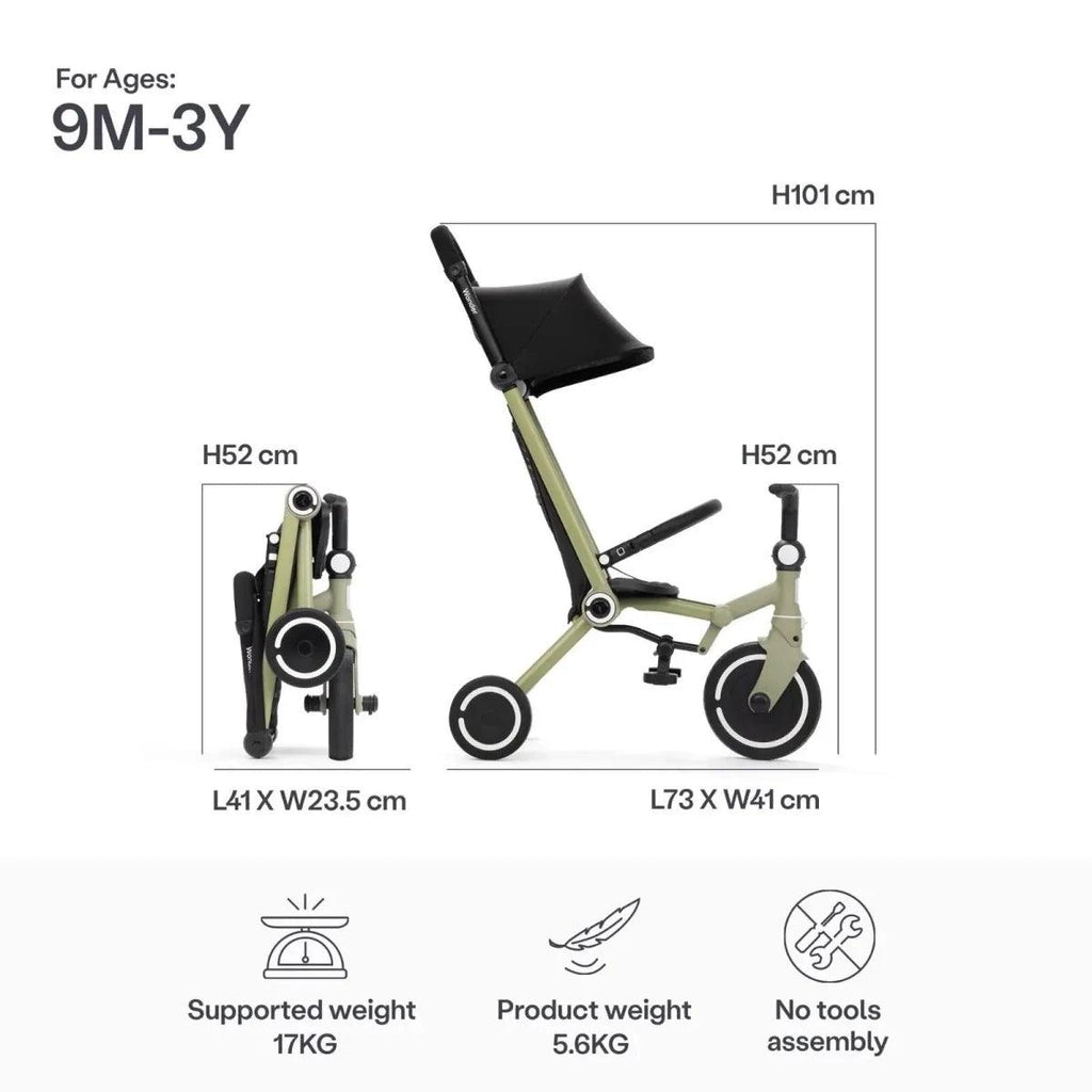 Olive stroller trike dimensions diagram with black seat and safety bar
