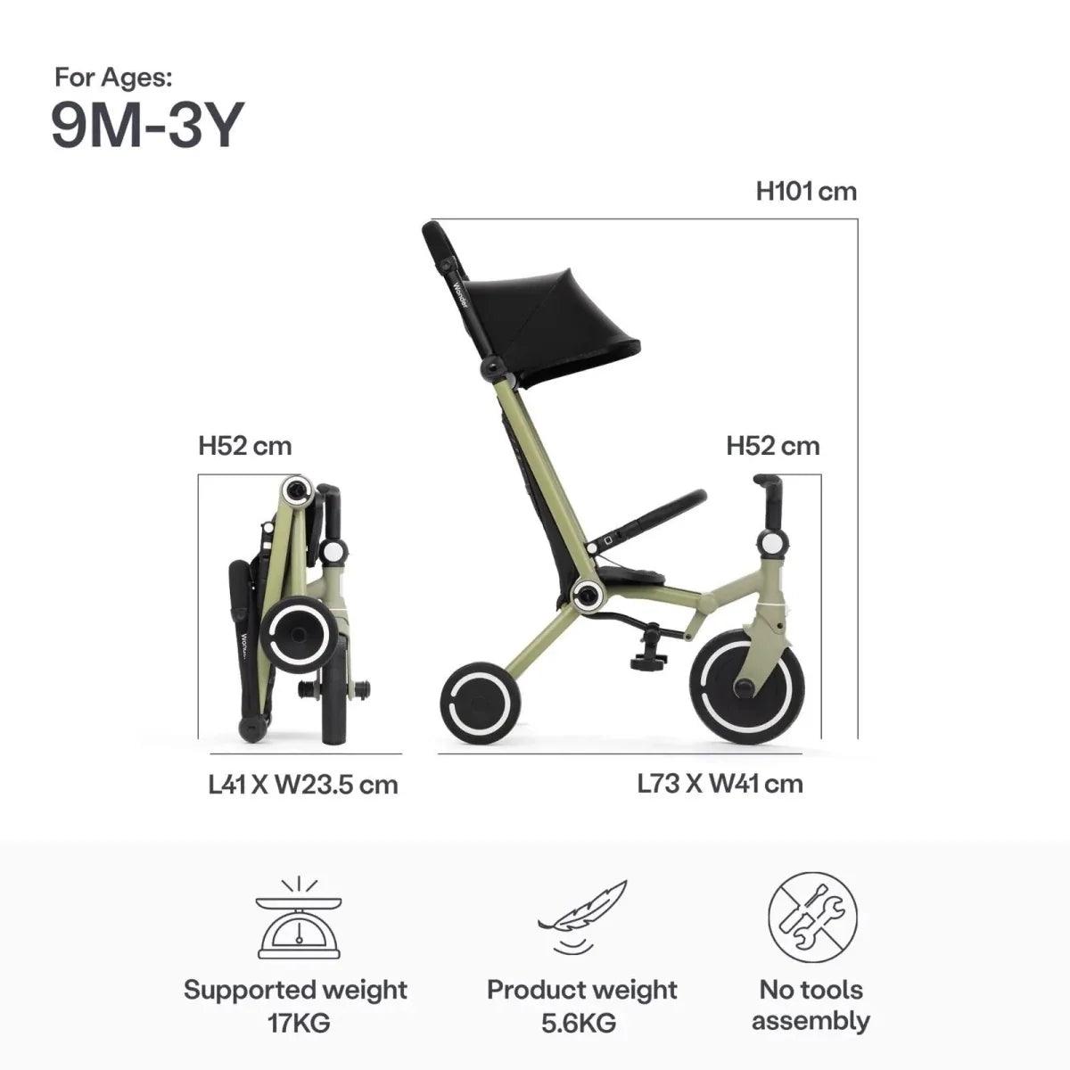 Olive stroller trike dimensions diagram with black seat and safety bar
