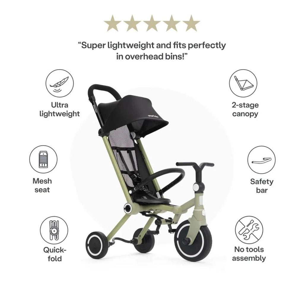 Olive stroller trike with black canopy, mesh seat, and safety bar