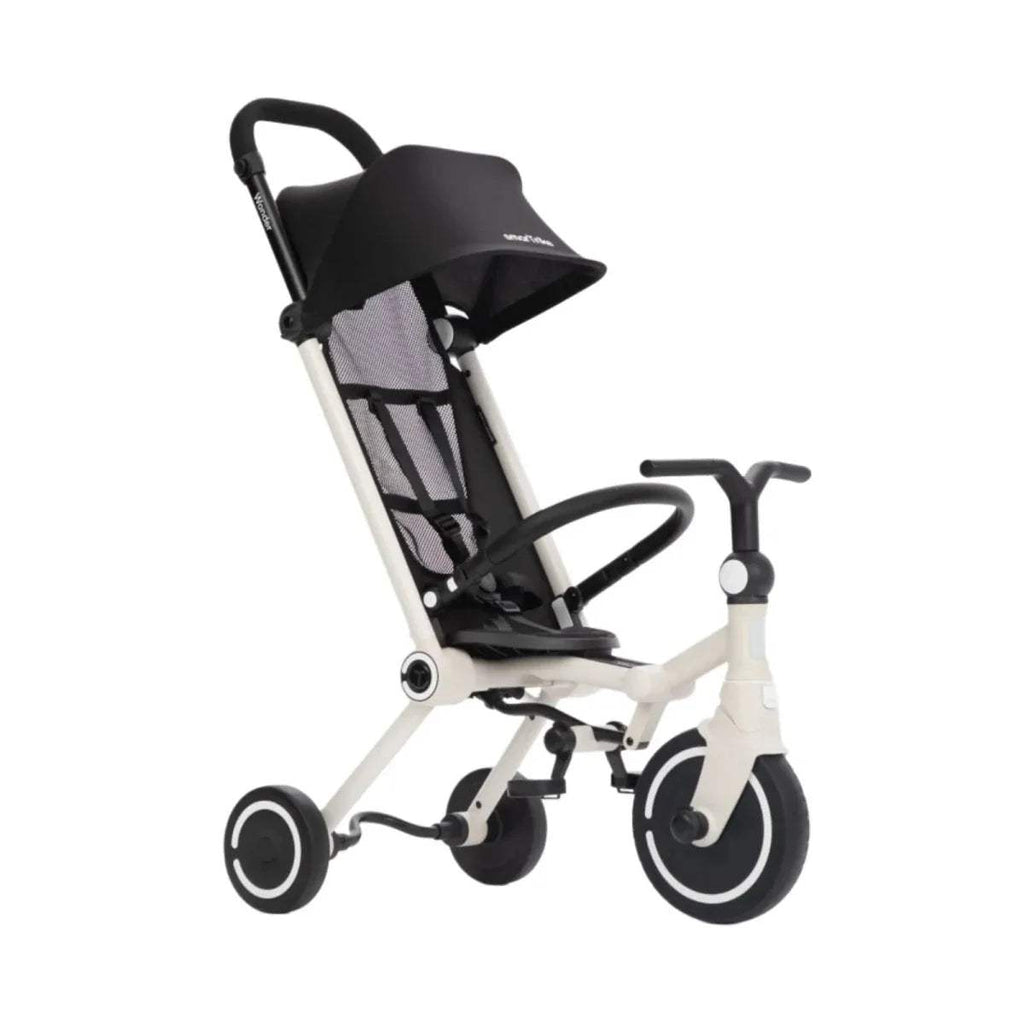 Black-and-white 4-wheel stroller with canopy, mesh seat, safety bar, and handle