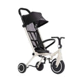 Black-and-white 4-wheel stroller with canopy, mesh seat, safety bar, and handle