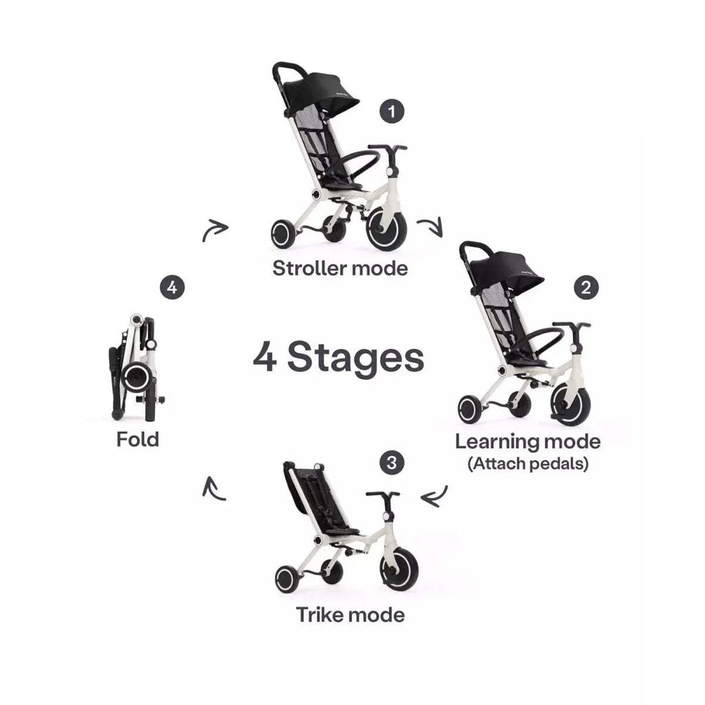 Black-and-white stroller with foldable frame and adjustable seat positioning