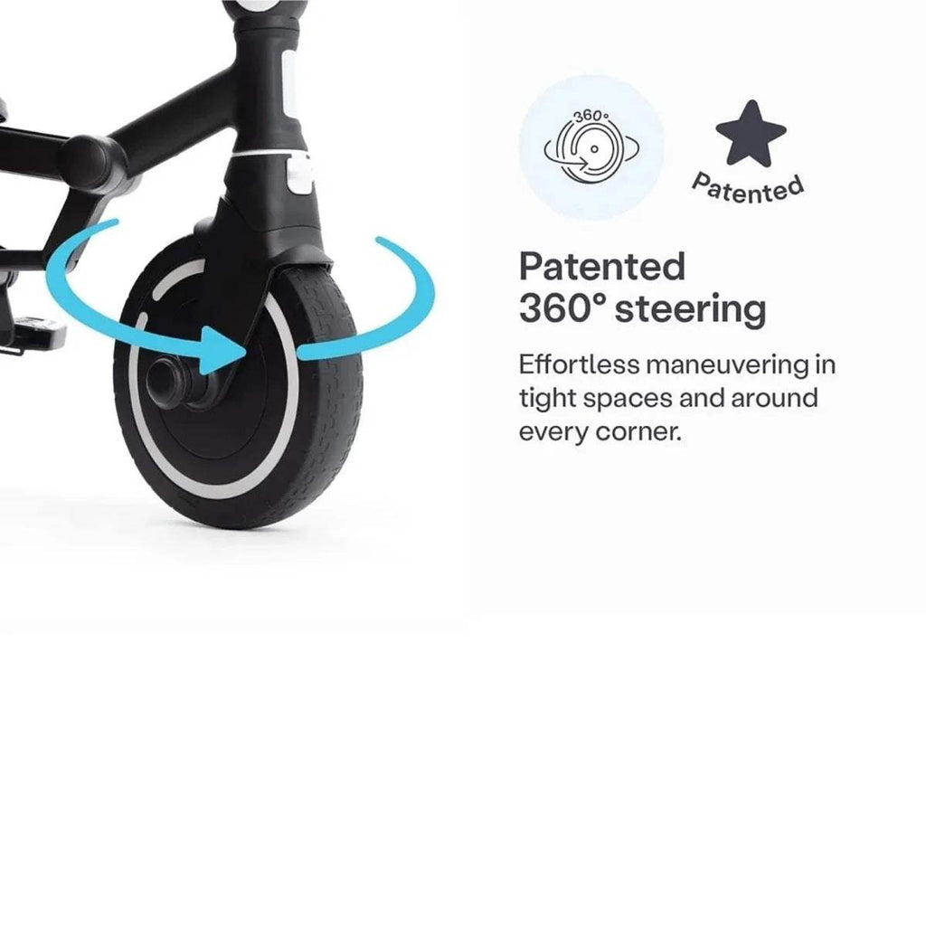 Front wheel and steering joint of a black stroller, showing smooth turning