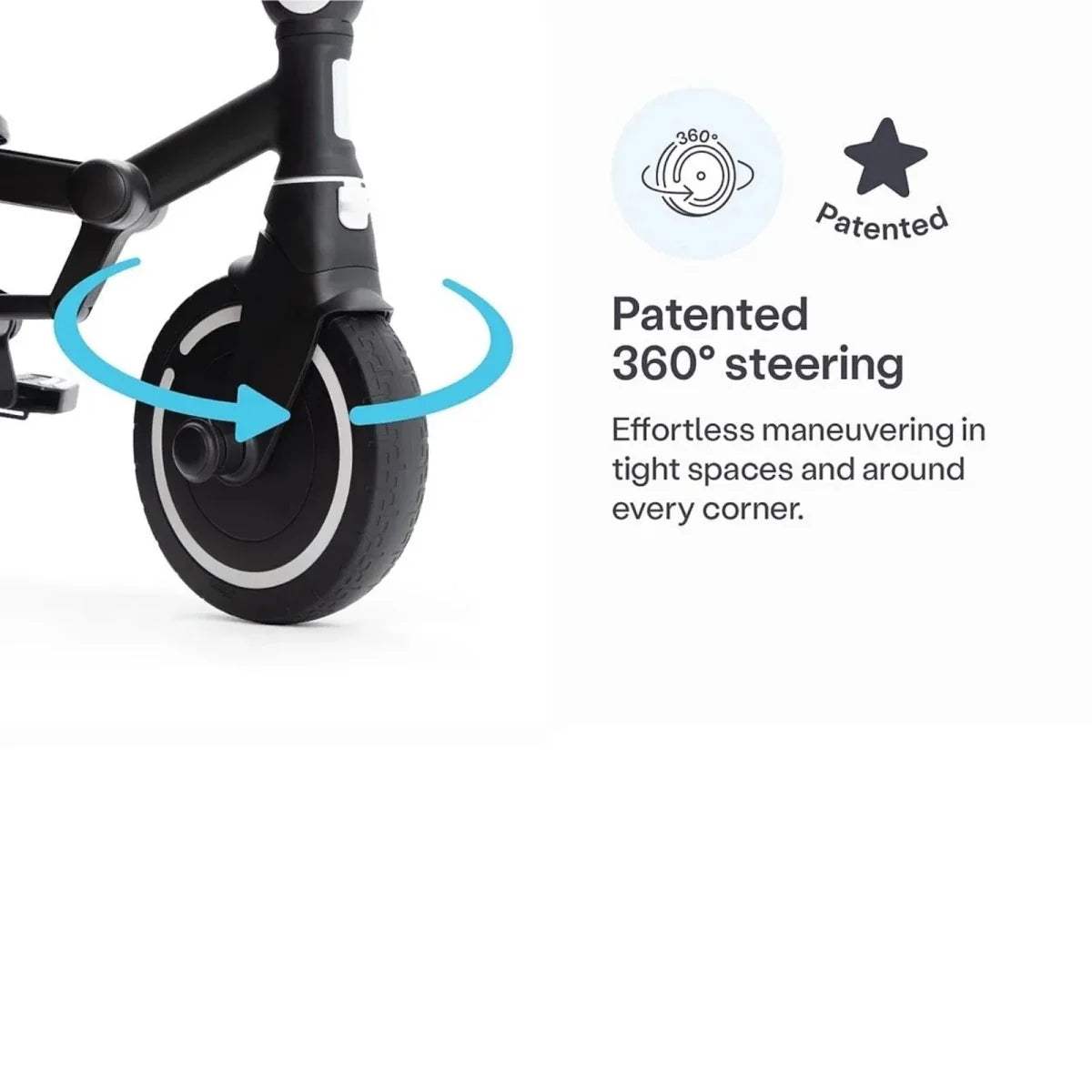 Front wheel and steering joint of a black stroller, showing smooth turning
