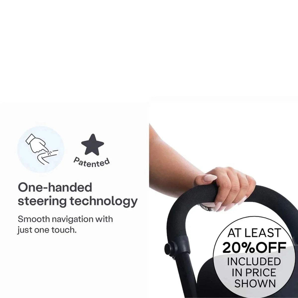 Hand holding a stroller handlebar for one-handed steering on black frame
