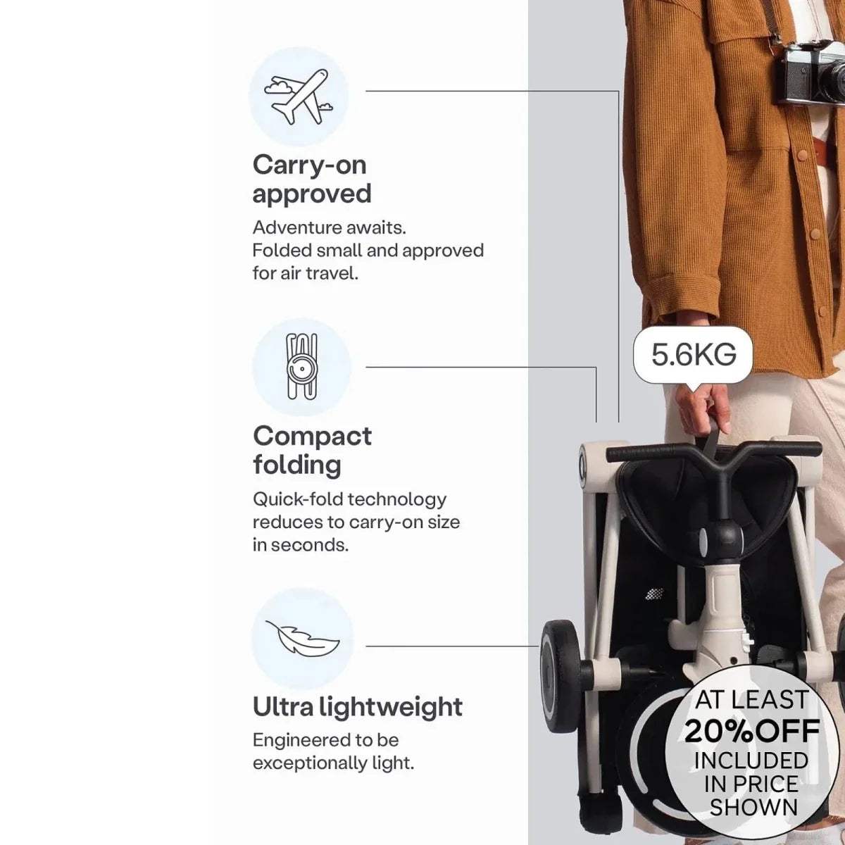 Stroller folded compactly with rear wheels and carry handle on black frame