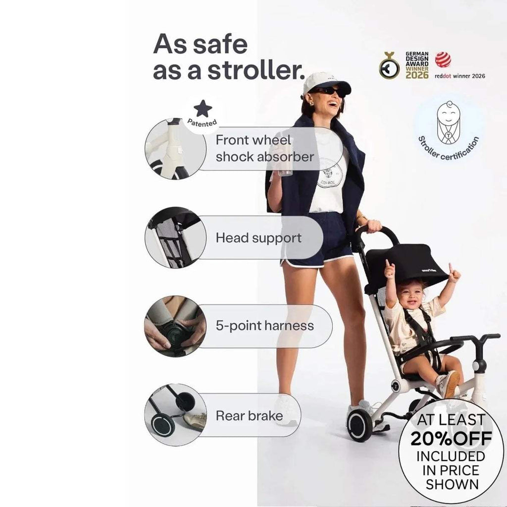 Stroller with 5-point harness, canopy, front wheels, and rear brake, parent pushing