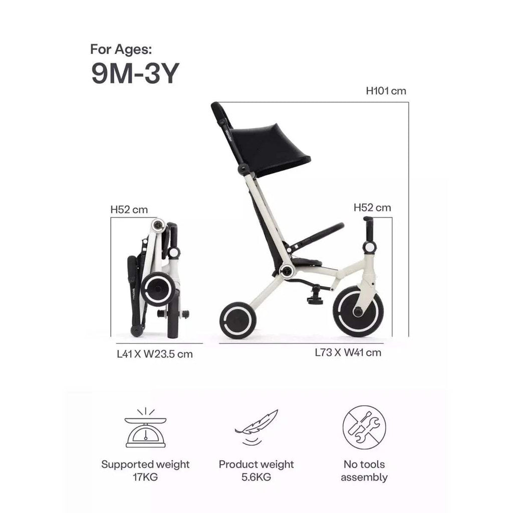 Black-and-white stroller with canopy, mesh seat, and wheelbase measurement diagram