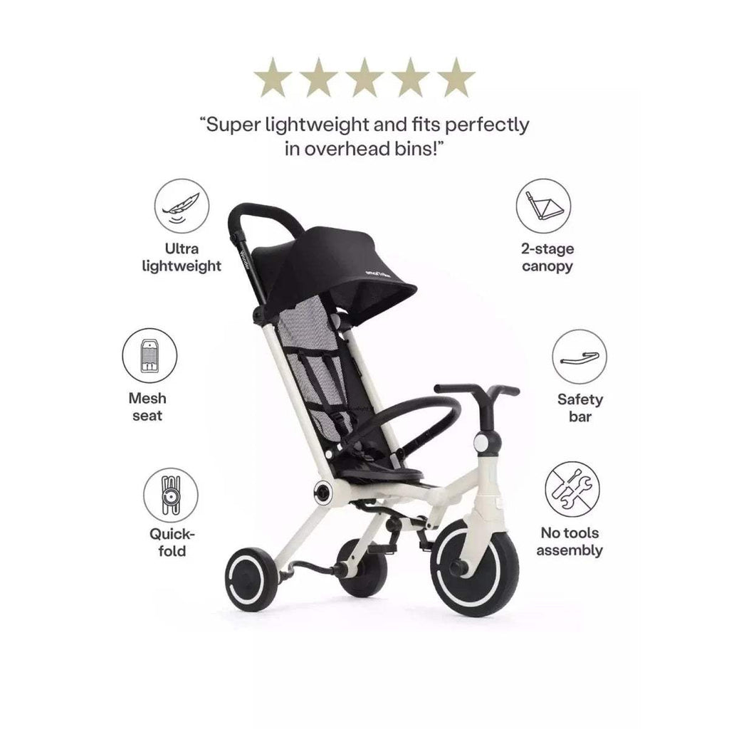 Black-and-white lightweight stroller with mesh seat, canopy, safety bar, and quick-fold