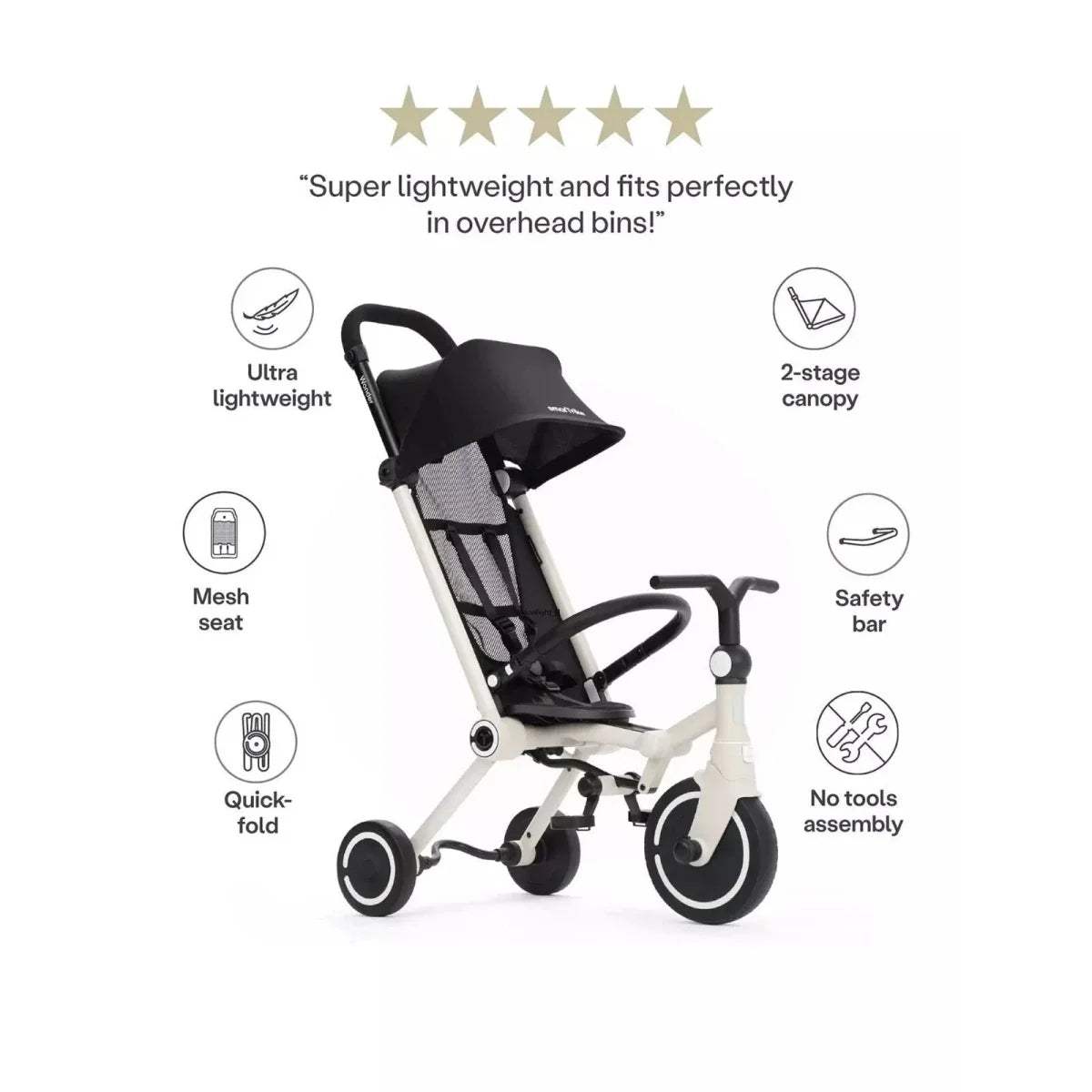 Black-and-white lightweight stroller with mesh seat, canopy, safety bar, and quick-fold
