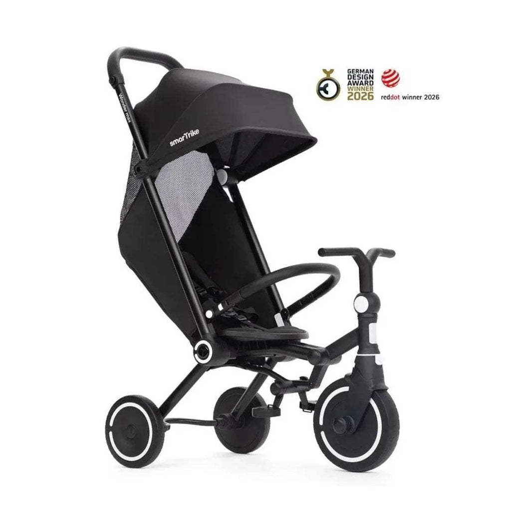 Jet black 3-wheel stroller trike with canopy and safety bar, side view
