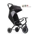 Jet black 3-wheel stroller trike with canopy and safety bar, side view