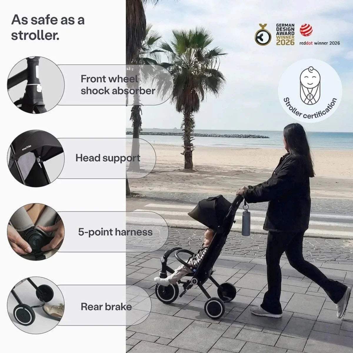 Jet black stroller trike with canopy and wheels, outdoor use with feature callouts