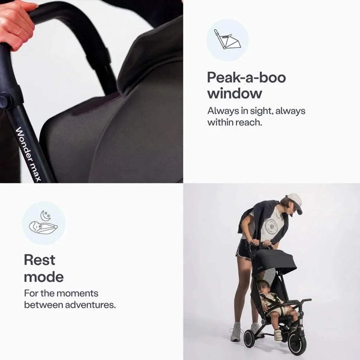 Jet black stroller trike seat in rest mode with peak-a-boo window callout