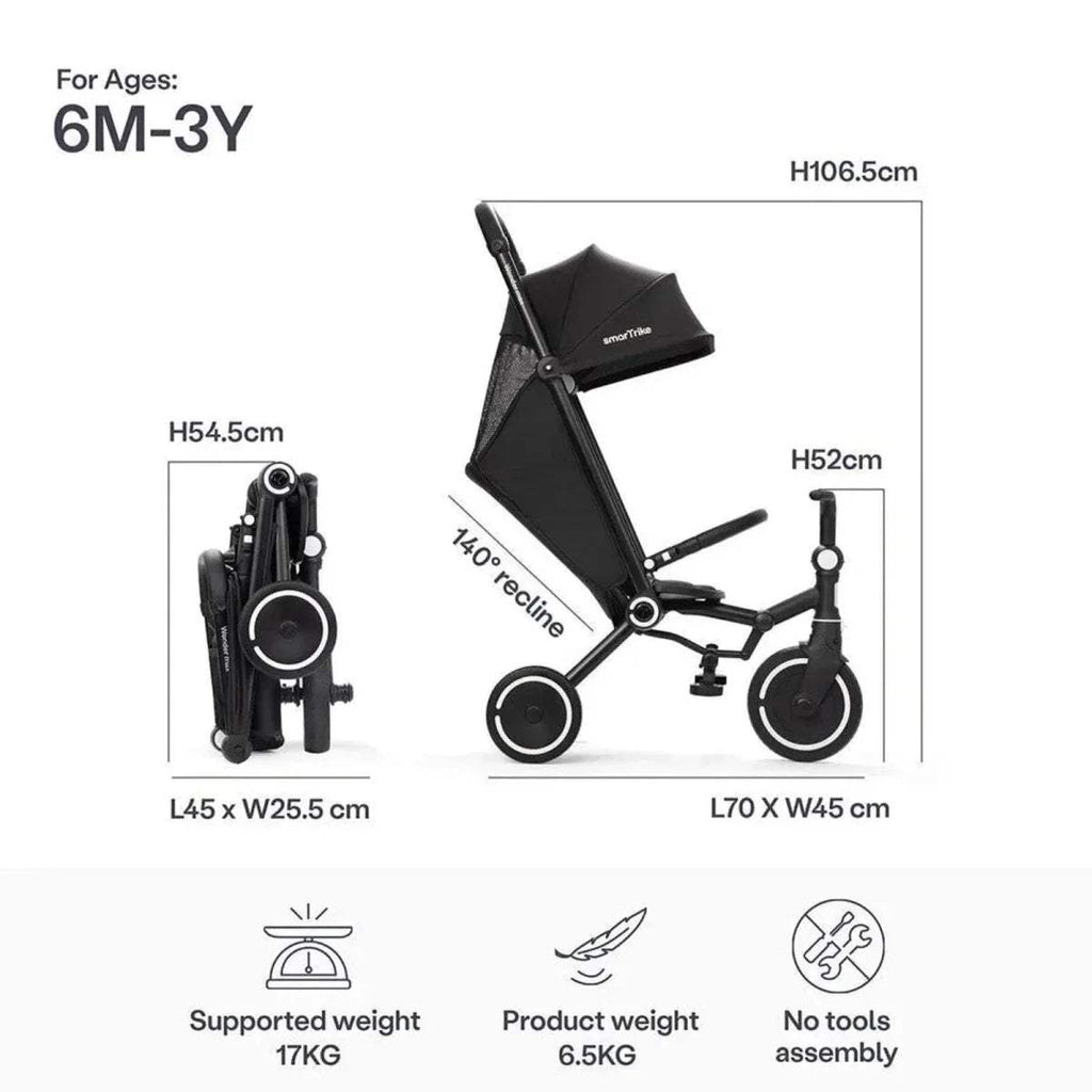 Jet black stroller trike size chart with age range 6M-3Y and weight info