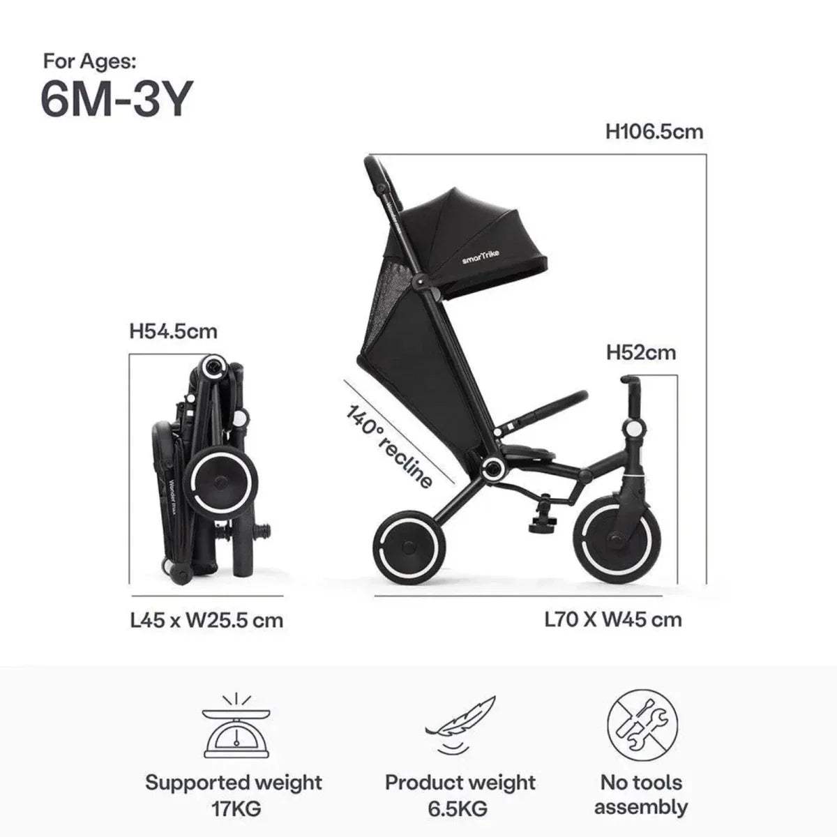 Jet black stroller trike size chart with age range 6M-3Y and weight info