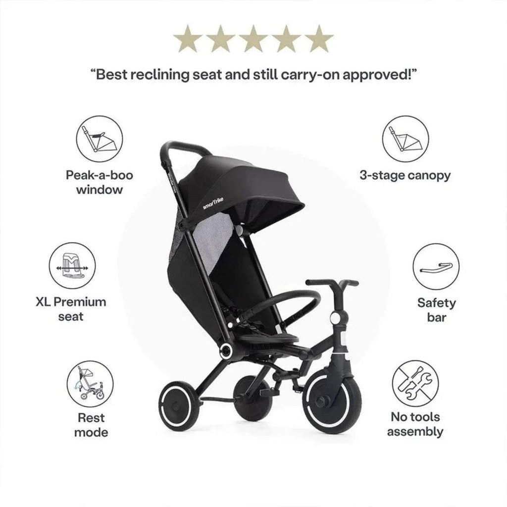 Jet black stroller trike with 3-stage canopy, safety bar, and rest mode icons