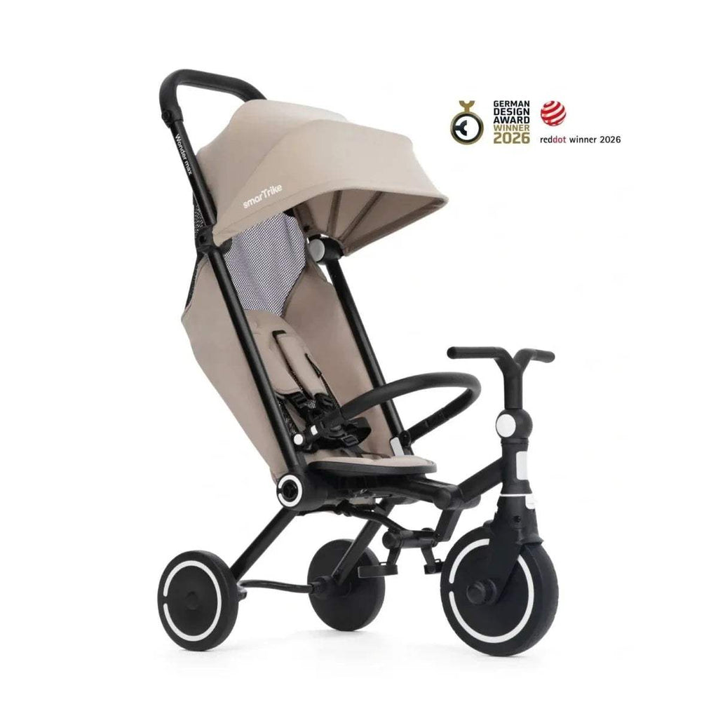 Stone and black three-wheel baby trike with canopy and padded seat.