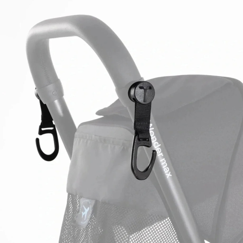 Gray trike bag hook with black carabiner clip on stroller handle frame