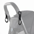 Gray trike bag hook with black carabiner clip on stroller handle frame