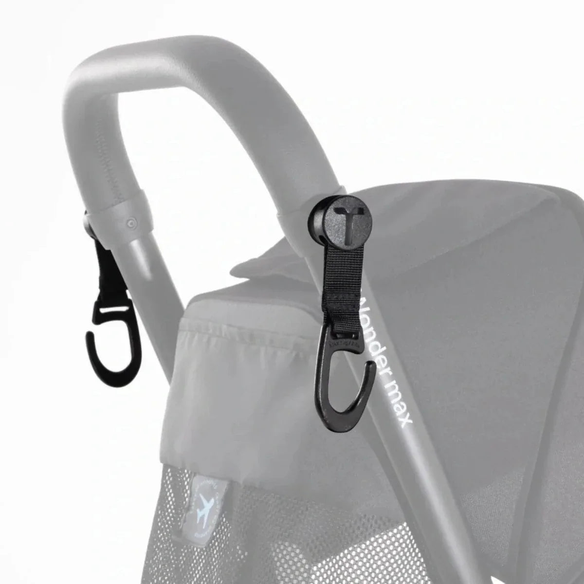 Gray trike bag hook with black carabiner clip on stroller handle frame