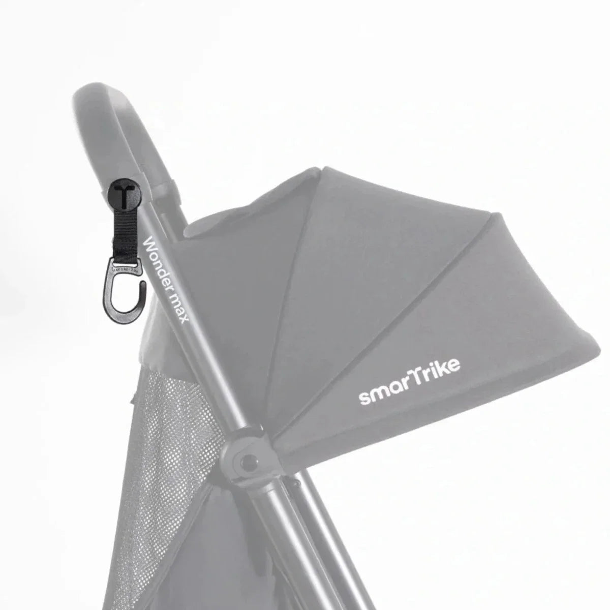 Gray trike bag hooks with black carabiner clip attached to seat frame
