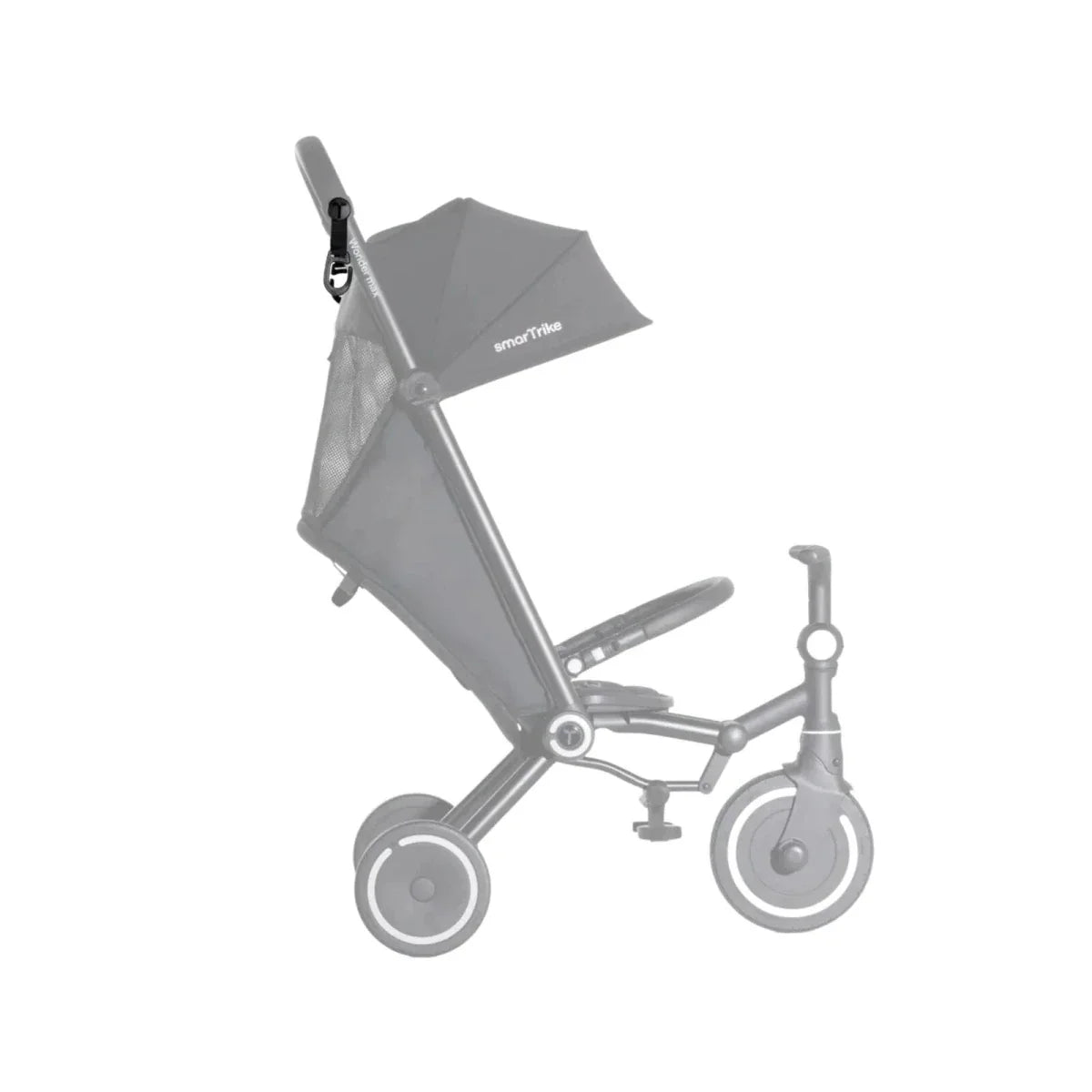 smarTrike Wonder trike bag hooks on gray handle, shown on full trike