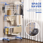Foldable 4-tier drying rack with hanging rails and folded shelves, blue frame.