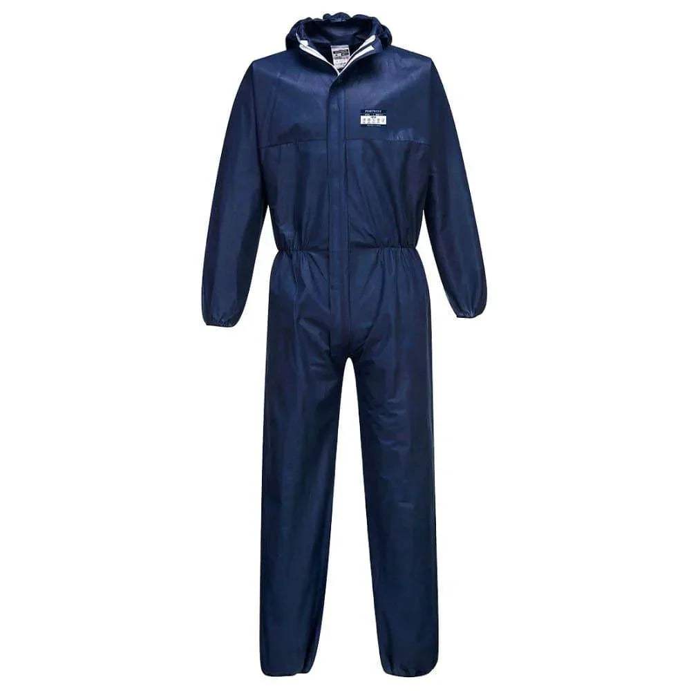 Navy hooded disposable coverall with full-length zipper and elastic waist and cuffs