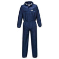 Navy hooded disposable coverall with full-length zipper and elastic waist and cuffs