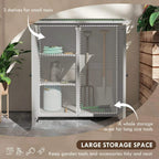 Light grey wooden storage shed with two open doors and three interior shelves