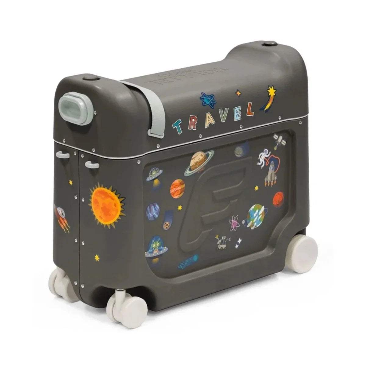 Midnight grey kids BedBox with travel themed stickers and carry handle