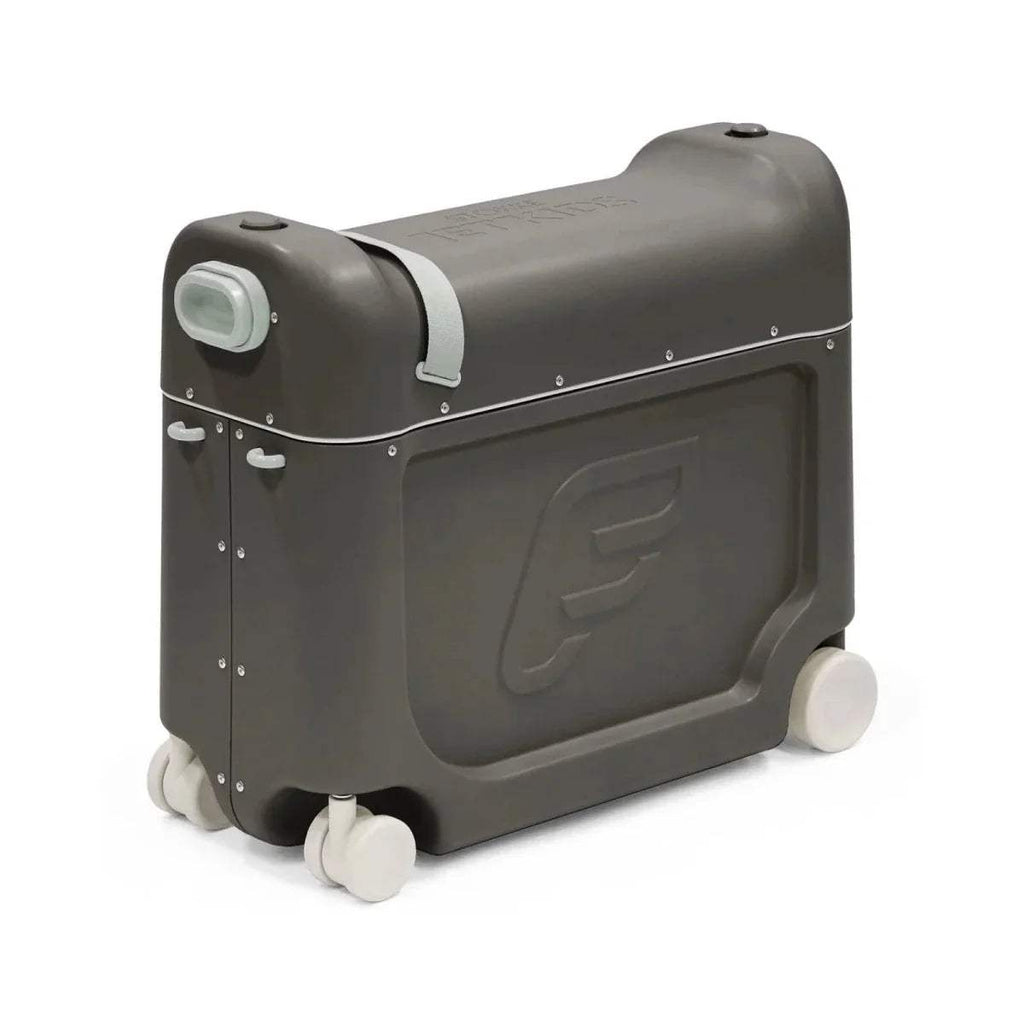 Dark grey kids BedBox side view with recessed panel and four rolling casters