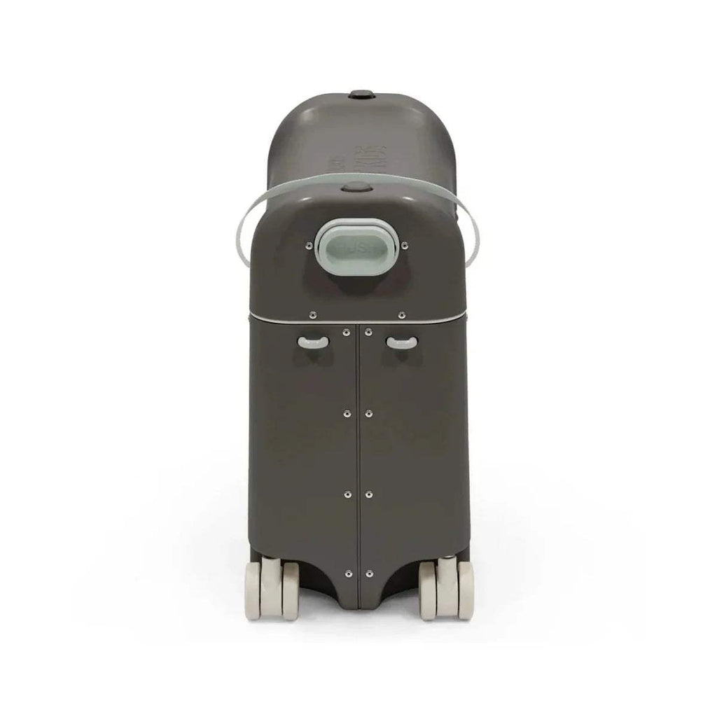 Dark grey kids BedBox back view with top handle, straps, and rolling feet