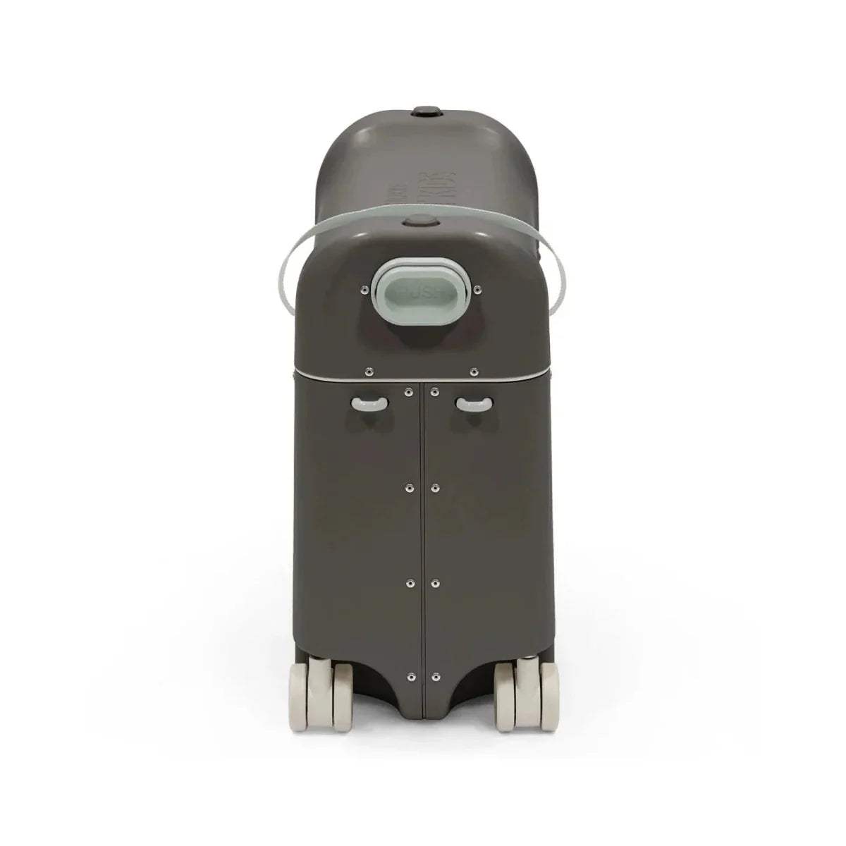 Dark grey kids BedBox back view with top handle, straps, and rolling feet