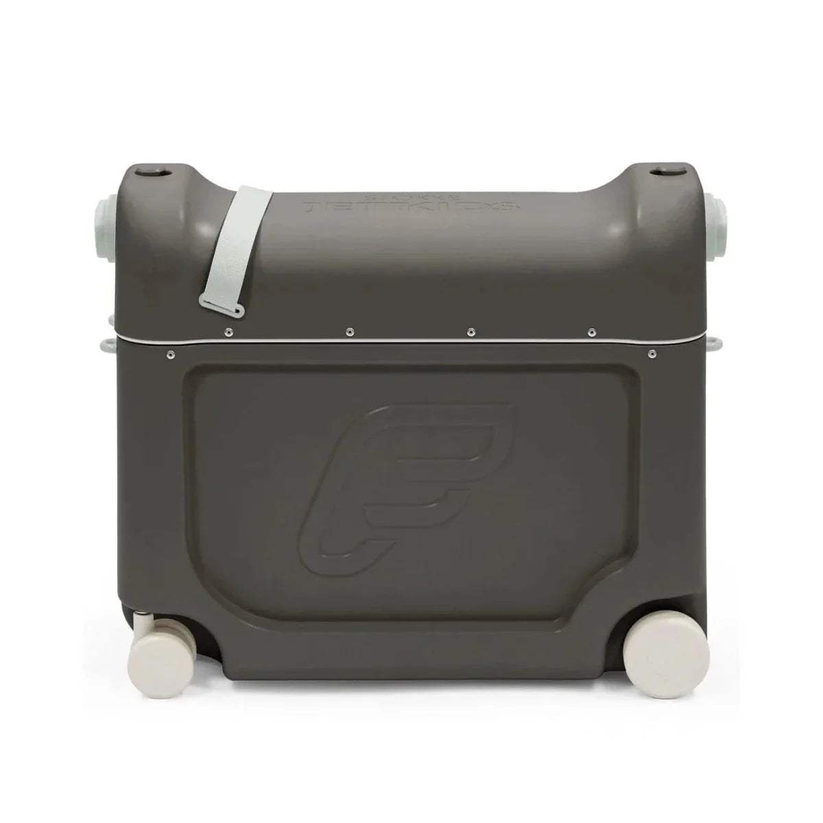 Midnight grey BedBox close-up with recessed front panel and rounded corner wheels